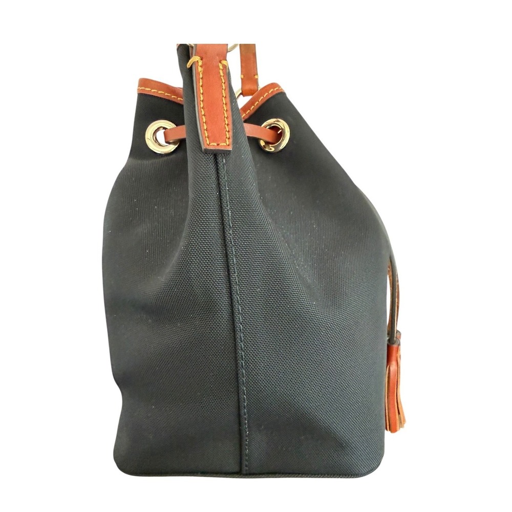 Dooney & Bourke Black Nylon Leather Trim Drawstring Bucket Bag Tassel EUC - Picture 4 of 13
